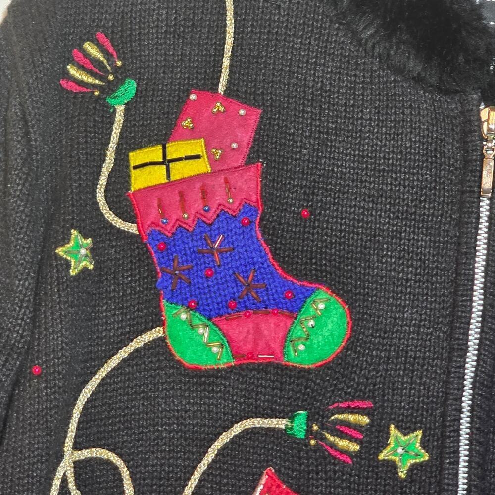 Hampshire Studio Vintage Holiday Sweater Zip Front Faux Fur Womens Size Large - Picture 5 of 13